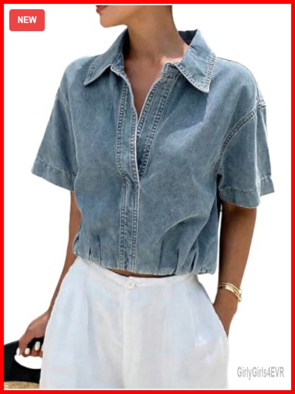 Short Sleeve Denim Blouse Collared V Neck Crop Top Y2K Streetwear